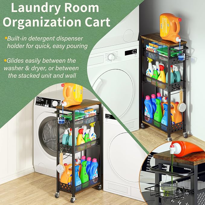 OKZEST Slim Laundry Room Organization Cart with Detergent Dispenser Holder | Holds tall bottles, Upgraded metal hub casters, 4-Tier space-saving narrow rolling cart, Premium wood & metal mesh shelves - Image 2