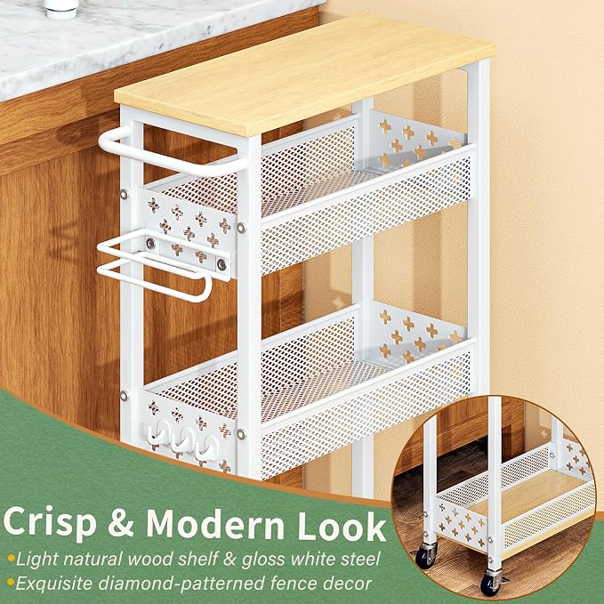 OKZEST Slim Bathroom Organizers and Storage Cart with Toilet Paper Holder | Upgraded metal hub casters, 4-Tier space-saving narrow rolling cart, Premium wood & metal mesh shelves, Holds tall bottles - Image 7