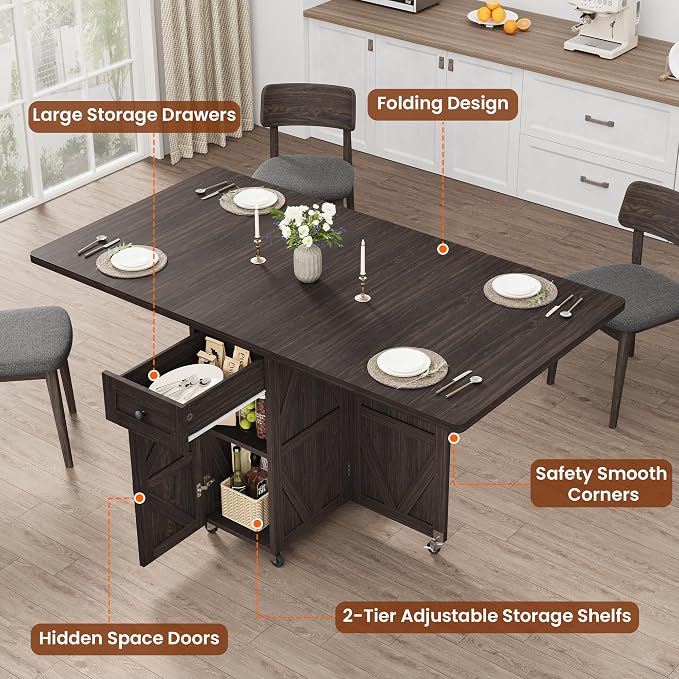 Space Saving Folding Dining Table for 2-4, Farmhouse Foldable Dining Table with Drawer and Storage Shelf, 6 Wheels Drop Leaf Kitchen Dining Room Table for Small Space (Walnut 47.2" x 23.6" x 29.5") - Image 7