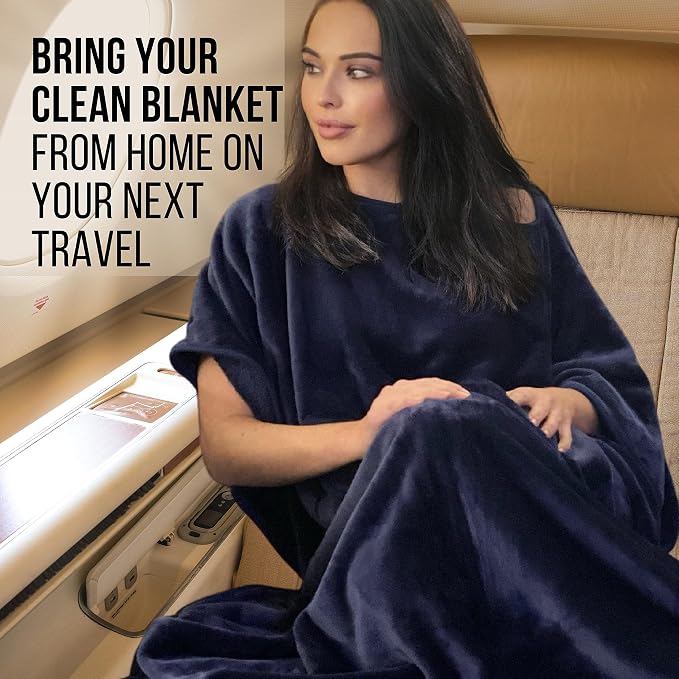 Kululu Travel Blanket and Pillow Set, Airplane Blanket Compact 2-in-1 Combo Set, Flight Essentials Poncho with Pocket, Pouch & Luggage Backpack Strap | Travelers Gifts Accessories 62"x45" (Space Blue) - Image 2
