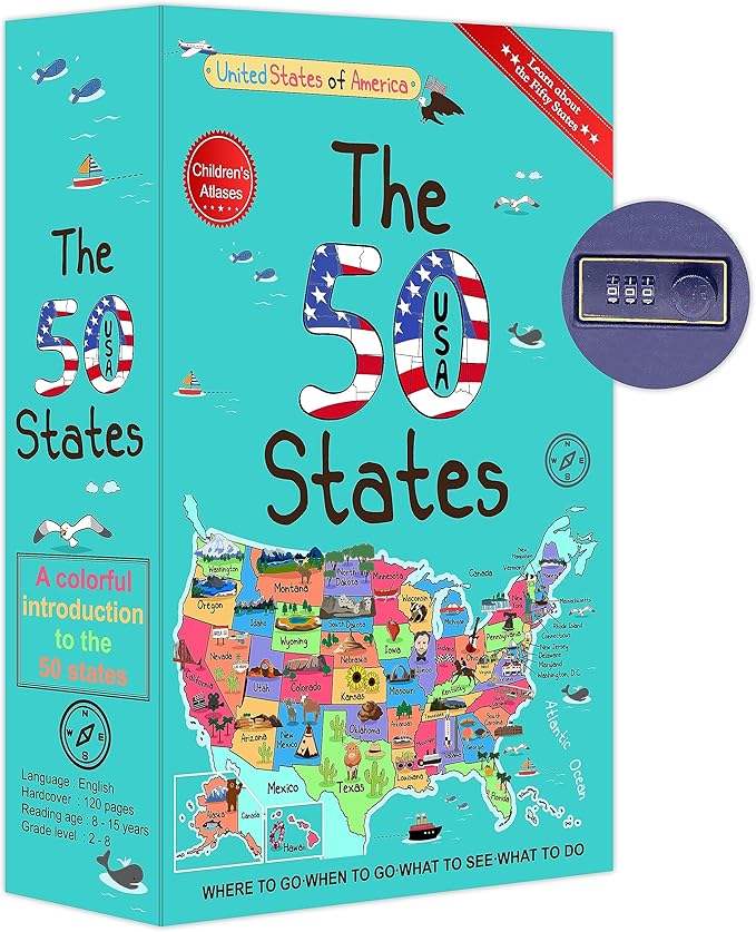 50 States Atlas Book Safe with Real Pages, Student Secret Compartment Items Storage Box with 3-Digit Combo Lock, Decorative Hidden Stash Box, Family Allowance Coin Bank, 9.3"x6.0"x2.3" by Ulixu