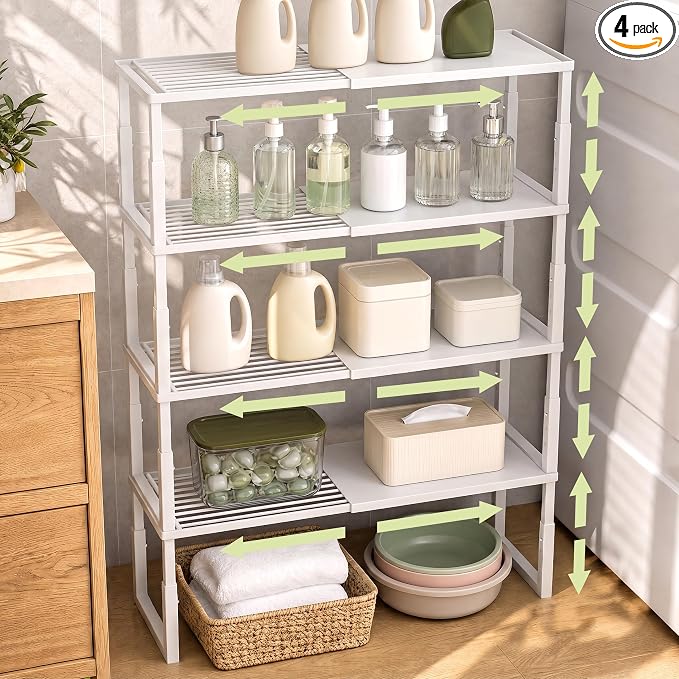 Cabinet Shelves, 4 Pack Stackable Shelves for Pantry Storage | Expandable & Height Adjustable Cabinet Organizer Shelf | Metal Shelf Organizer | White Spice Rack for Pantry Storage by HOFUSUSER
