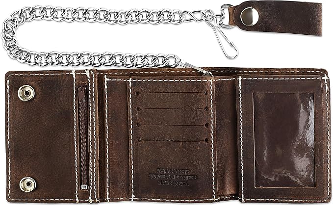 RFID Blocking Men's Tri-fold Vintage Biker Cowhide Leather Steel Chain Wallet,Snap closure, Made In USA,Antique crazy horse brown,dc315… - Image 3