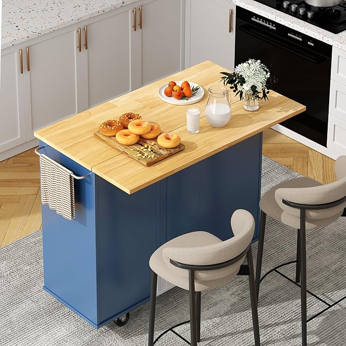 Shintenchi Kitchen Island with Folding Drop Leaf, Rolling Island Table with Storage, Kitchen Cabinet on Wheels with Seating Area for Kitchen, Bar Cart with Cabinet, Blue by Shintenchi%7CFurnitureMadeforRealLife