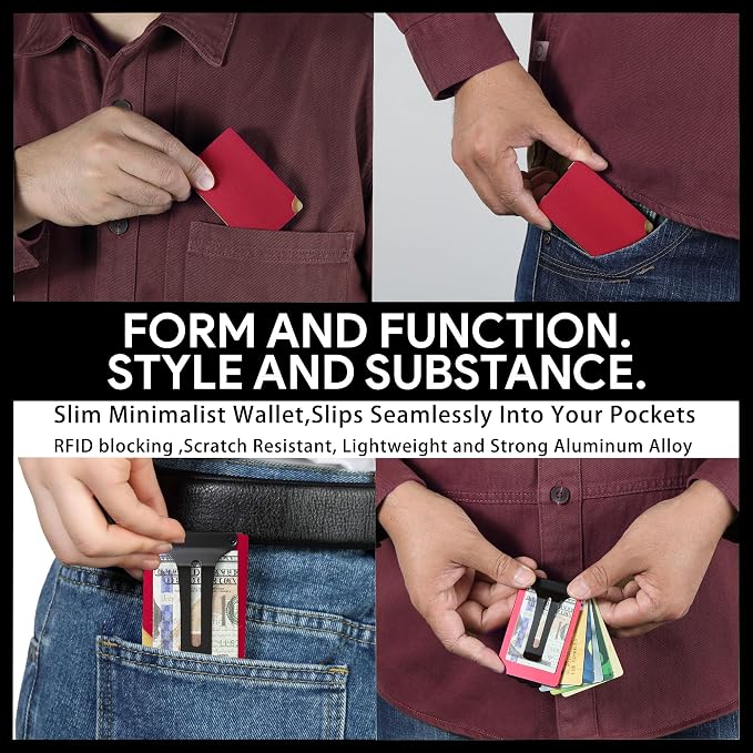 Minimalist Wallet for Men, Slim Metal RFID Blocking Wallet Credit Card Holder Money Clip & Cash Strap, Scratch-Resistant Holds 15 Cards,Ideal Gift for Men | Matt Red - Image 6