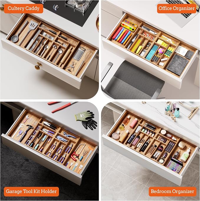 Silverware Organizer Large, Magnetic Connected Expandable 13 Slots Silverware Drawer Organizer From 21 to 37.4 Inches, Adjustable Flatware and Cutlery Holder, Bamboo Utensil Tray for Kitchen Acacia - Image 8
