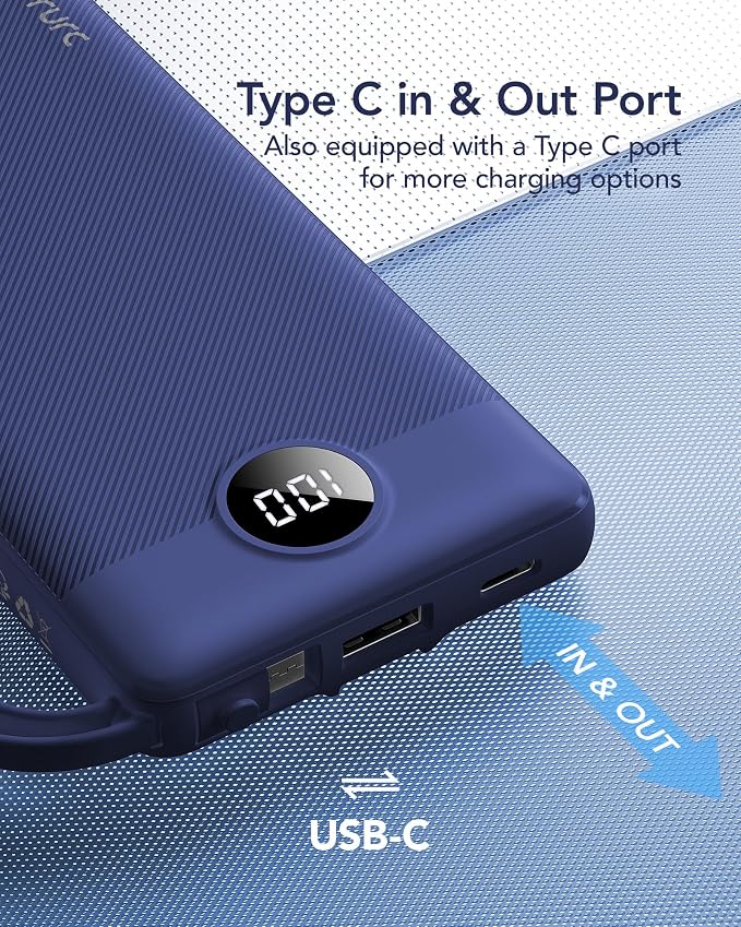 VRURC Portable Charger, Built in 4 Cables & Lanyard Power Bank 10000mAh | Compact USB C Phone Charging Bank 5 Outputs for Multi Devices,Travel Essential for Hiking Camping Business-Navy(1 Pack) - Image 5