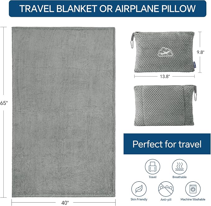 BEDELITE Travel Blanket with Bag, Jacquard Fleece Blanket 65"x40", Grey | Ultra-soft Airplane Blanket, Luggage Sleeve & Backpack Clip, Travel Essentials for Women, Foldable as Pillow for Long Flight - Image 5