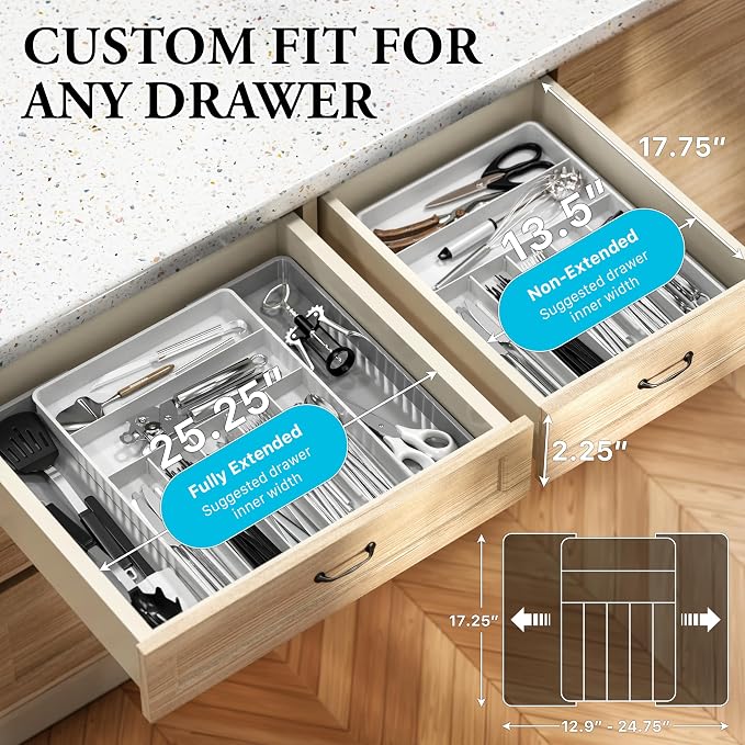 Simple Houseware Expandable Kitchen Drawer Flatware Organizer, Gray/White - Image 3
