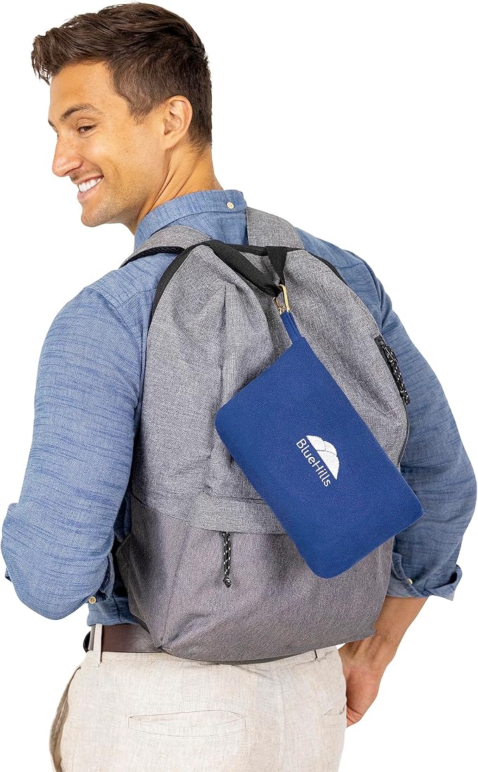 BlueHills Lightweight Travel Blanket Pillows Compact for Two Airplane Traveling Essentials Flight Throws in Bag case with Backpack Clip Compact Large Plane Accessories – Navy Blue and Black - Image 4