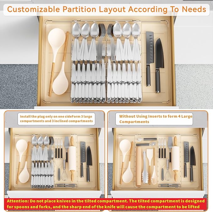 Large Expandable Silverware Organizer - Adjustable From 11'' to 21.3'' - Spatula,Gadget,Knife,Cutlery,Spoons and Forks Organizer,Clear Flatware,Silverware Tray,Utensil Organizer for Kitchen Drawers - Image 5