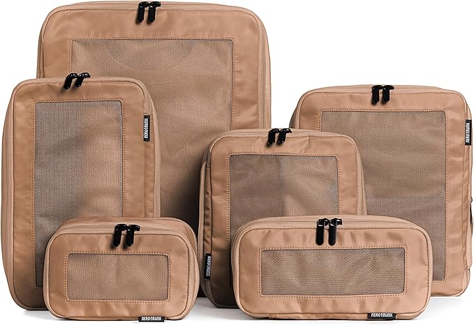 Compression Packing Cubes for Travel, 6-Pack, Mocha | Solves overpacking, 6-Piece set fits most suitcases, 50% Space savings, Compression luggage organizer bags by Aerotrunk