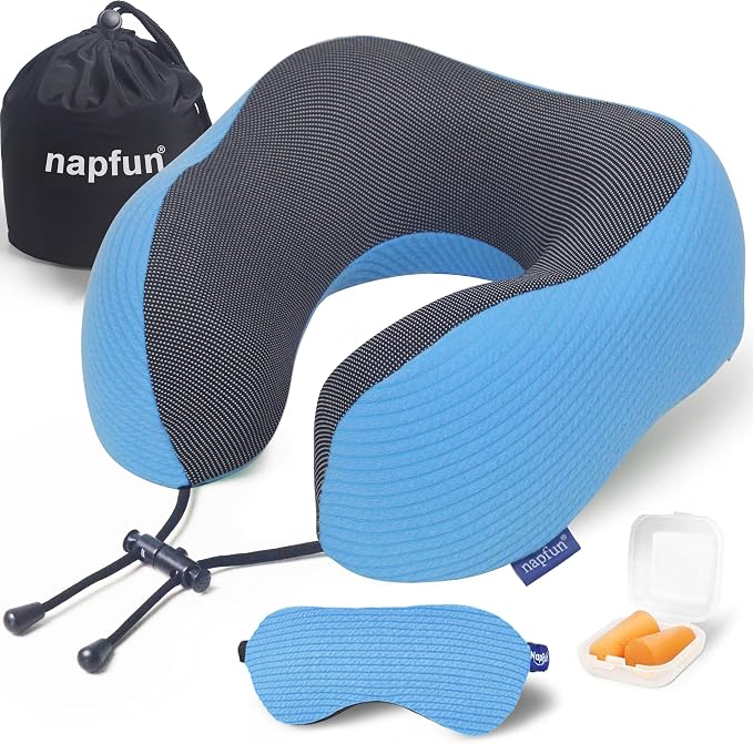 napfun Neck Pillow for Travel with Travel Pouch, Sleep Mask & Earplugs, Memory Foam Airplane Pillow for Headrest Sleep with Eyeshades, Plane Essentials with Eye Blindfold, Sky Blue Striped Kit by NAPFUN
