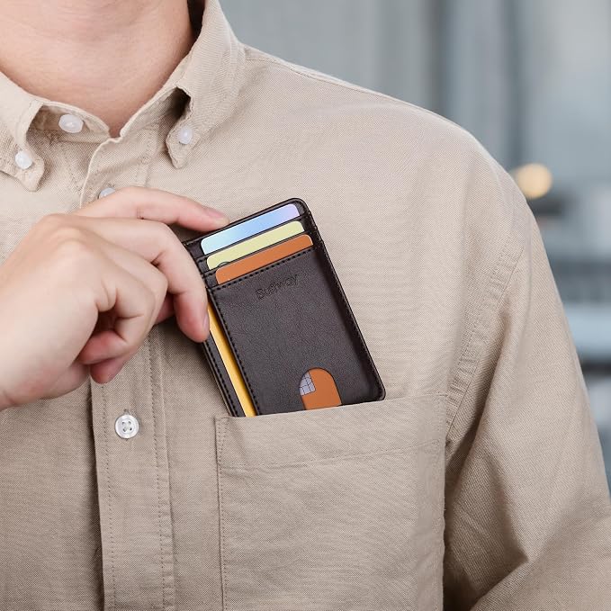 Buffway Slim Minimalist Front Pocket RFID Blocking Leather Wallets for Men and Women - Pebble Brown - Image 9