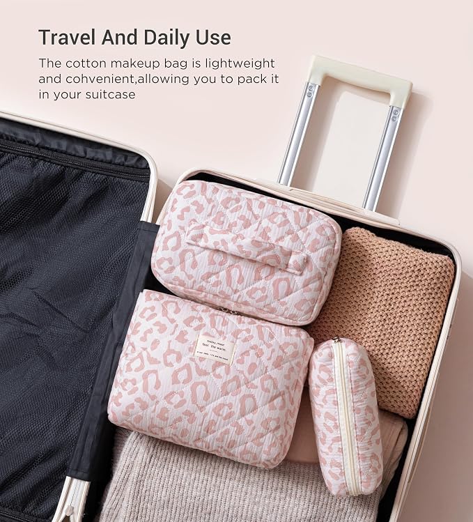 HBselect Quilted Makeup Bag, 3Pcs Cotton Large Travel Makeup Bags Organizer | Cute Floral Make up Bag Cosmetic Bag Toiletry Bag for Women Girls, Makeup Pouch for Skincare, Brushes & Travel Essentials - Image 4