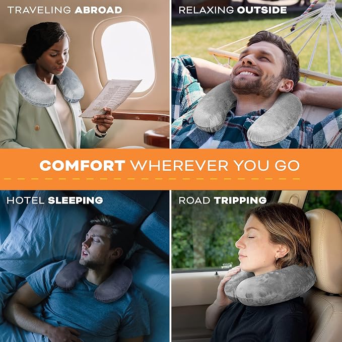 Travel Neck Pillow Washable Cover Comfortable Memory Foam Airplane Travel Accessories Essentials Plane Neck Support Pillow for Neck Pain Relief and Sleeping Grey - Image 6