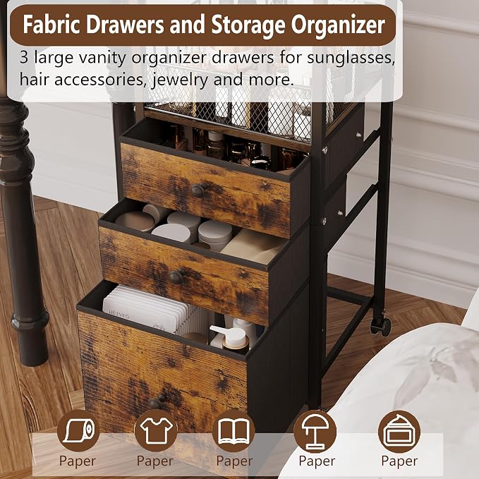 Rolling Makeup Vanity Cart Makeup Organizer with Drawers | Vanity Cart Bathroom Storage Cart Cosmetic Vanity Display Cases Holder for Nail Polish Brush Hair Tool - Image 4