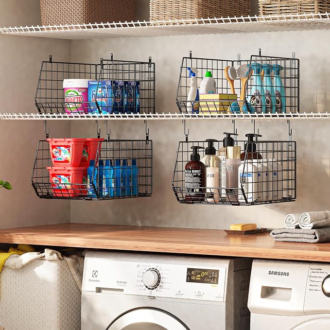 4" Extra Deeper Hanging Closet Organizers and Storage,4 Tier Foldable Wire Cabinet Shelves with 5 S Hooks,Small Metal Basket Bins for Clothes Sweaters Handbags, Wardrobe for Kitchen Laundry Room，Black - Image 2