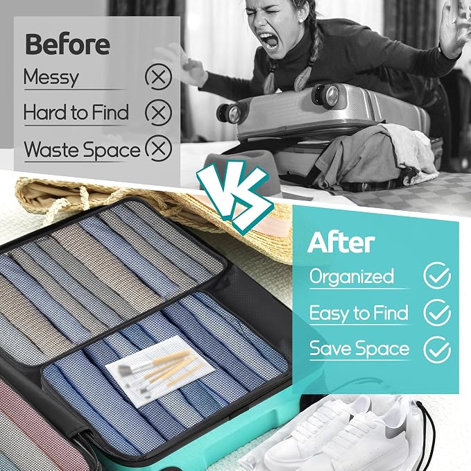 ALL INCLUDED - 12 Set Packing Cubes for Suitcases Carry On, Travel Essentials/Accessories Luggage Organizer Bags Set, Includes Cubes, Shoes Bag, Matte Cosmetic Bag, Zipper Bags - Image 6