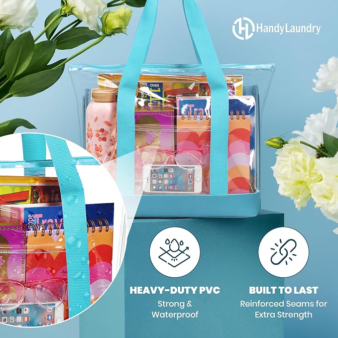 Handy Laundry Clear Tote Bag - Zipper Closure, Long Shoulder Strap, Fabric Trimming. - Image 3