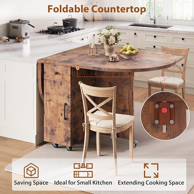 Jocoevol Round Folding Dining Table for 4, Space Saving Drop Leaf Kitchen Table with Storage Drawer, 6 Wheels Oval Gateleg Foldable Dining Table for Small Spaces(Vintage 47 * 23.6 * 30) - Image 4
