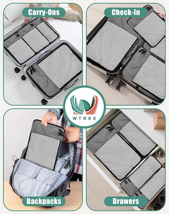 WTREE 4-Piece Packing Cubes Travel Accessories Set for Suitcases - Luggage Organizer Bags with Double Zipper - Mesh Top - Small/Medium/Large/Slim - Dark Grey - Image 7