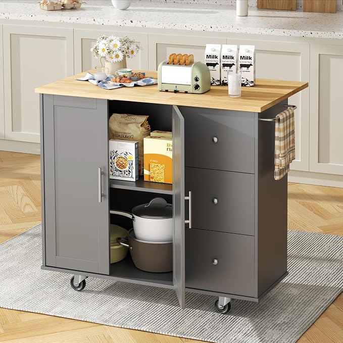 Shintenchi Kitchen Island with Folding Drop Leaf, Rolling Island Table with Storage, Kitchen Cabinet on Wheels with Seating Area for Kitchen, Bar Cart with Cabinet, Gray - Image 7