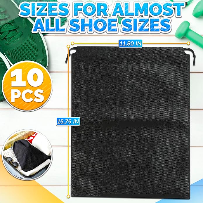 Travel Shoe Bags for Packing in Suitcase, 10 Pcs, Breathable Fabric | Shoe Bags for Travel, Non Woven Fabric, Drawstring, 15.75 x 11.80 in, Dust Proof, for Sneakers, Heels, Gym & Dance Shoes - Image 2