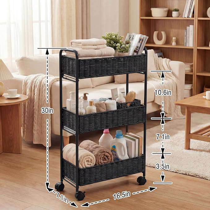 Utility Slim Storage Cart,3-Tier Rolling Kitchen Office Laundry Room Cart,Mobile Shelving Unit Organizer for Living Room Bathroom Baby Diaper Narrow Places (Black, 3 Tiers-7.1 inch (W)) - Image 4
