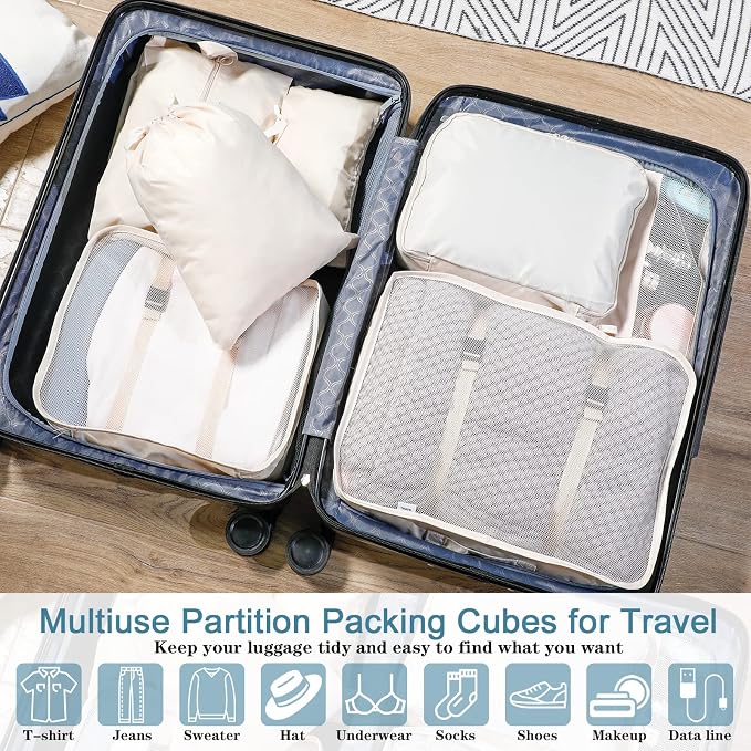 Reginary 28 Pcs Packing Cubes for Travel, 4 Sets Luggage Organizer Bags Foldable Suitcase Organizers for Vacation Cruise(Light Color) - Image 2