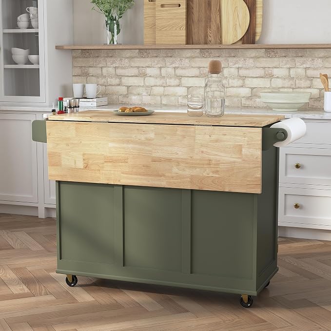 Homestyles Mobile Kitchen Island Cart with Wood Top and Dropleaf Breakfast Bar, 18" D x 53.5" W x 36" H, Green - Image 8