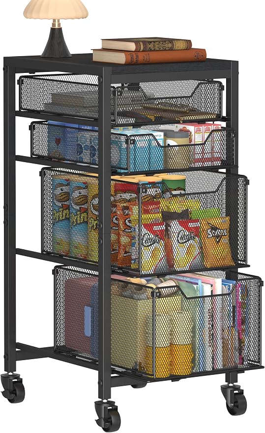 Rolling Storage Cart with Drawers, Under Desk Storage with Wooden Tabletop & Lockable Wheels, 4-Tier Storage Drawers for Bathroom, Craft, Office, Black by Aokitsink