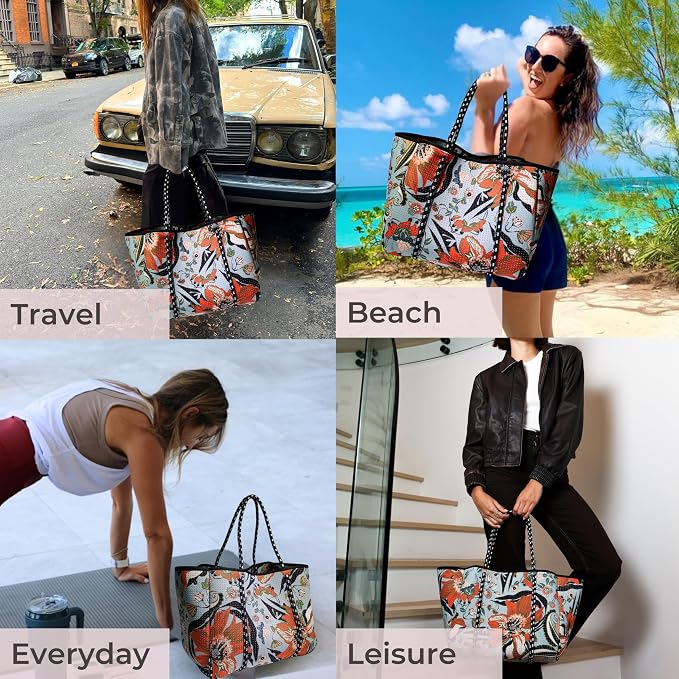 POPUPS Large Neoprene Tote Bag for Women - Everyday Designer Handbag for Travel Work and Beach with Pockets and Zipper Pouch - Image 4