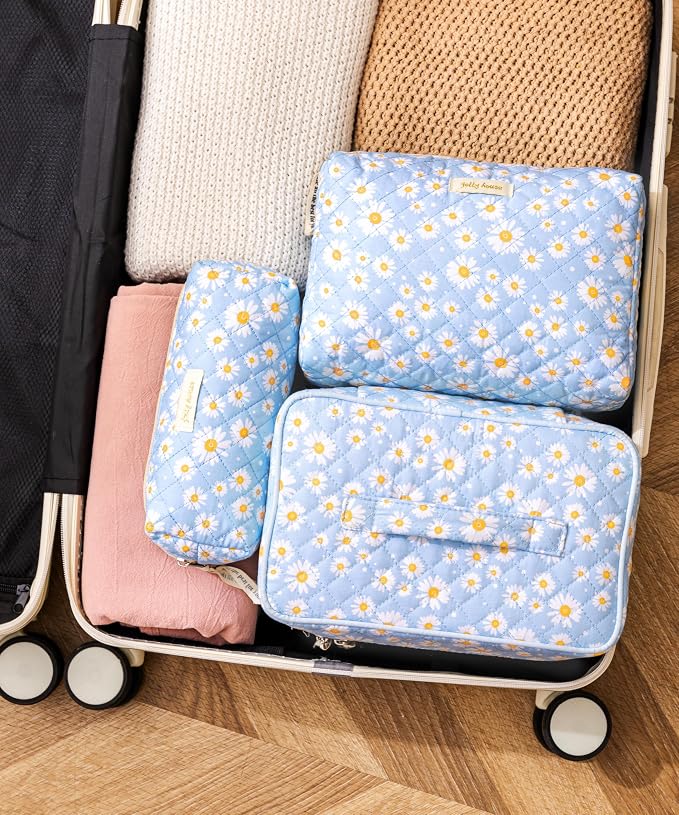 HBselect Quilted Makeup Bag, 3Pcs Cotton Large Travel Makeup Bags Organizer | Cute Floral Make up Bag Cosmetic Bag Toiletry Bag for Women Girls, Makeup Pouch for Skincare, Brushes & Travel Essentials - Image 3