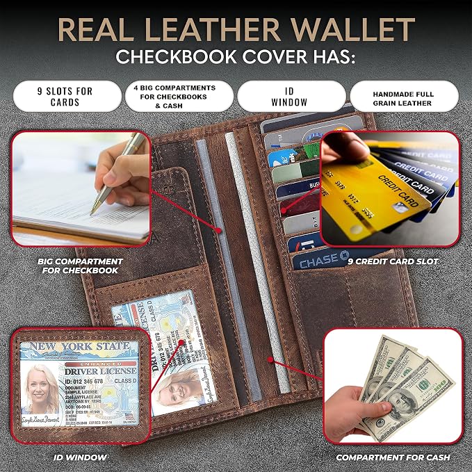 F&L CLASSIC Men's RFID Vintage Look Genuine Leather Long Bifold Wallet Checkbook Wallets,buffalo vintage leather - Image 3
