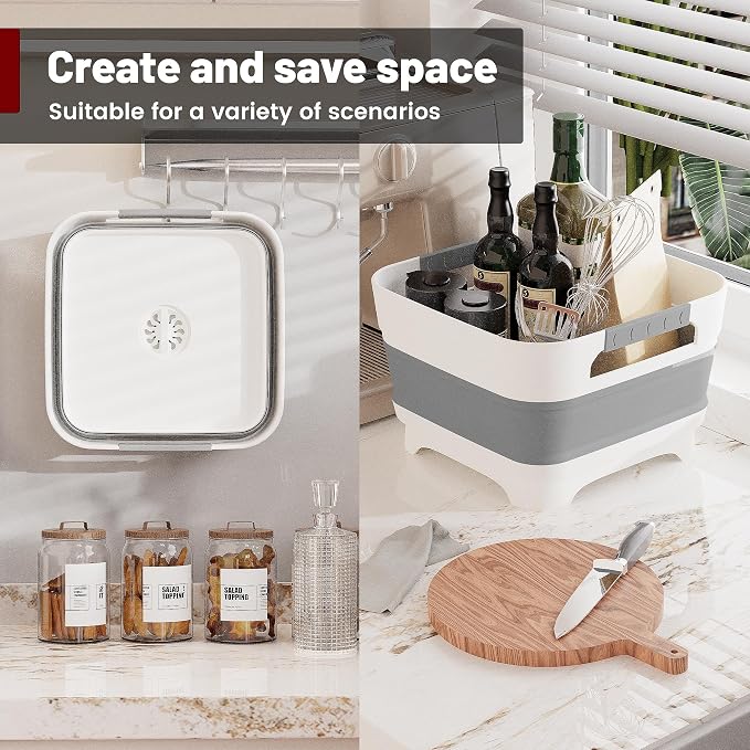 2.6 Gallon Collapsible Wash Basin - Large Capacity Portable Dish Tub with Drain Plug for Baby Bottles, RV Camping Kitchen, Space-Saving Foldable Sink (Gray) - Image 8