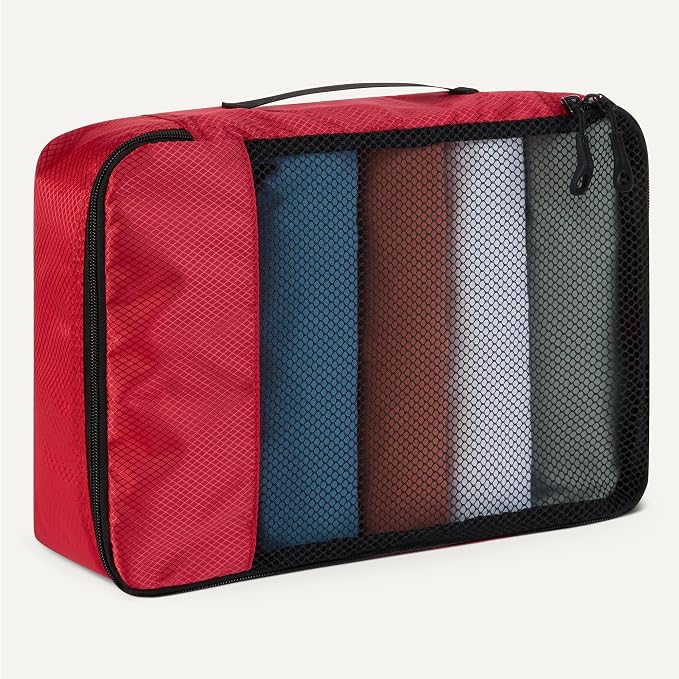 Amazon Essentials 4-Piece Packing Cubes Travel Accessories Set, Luggage Organizer with Double Zipper, Mesh Top, Space-Saving, Medium, Red (Previously Amazon Basics) - Image 4