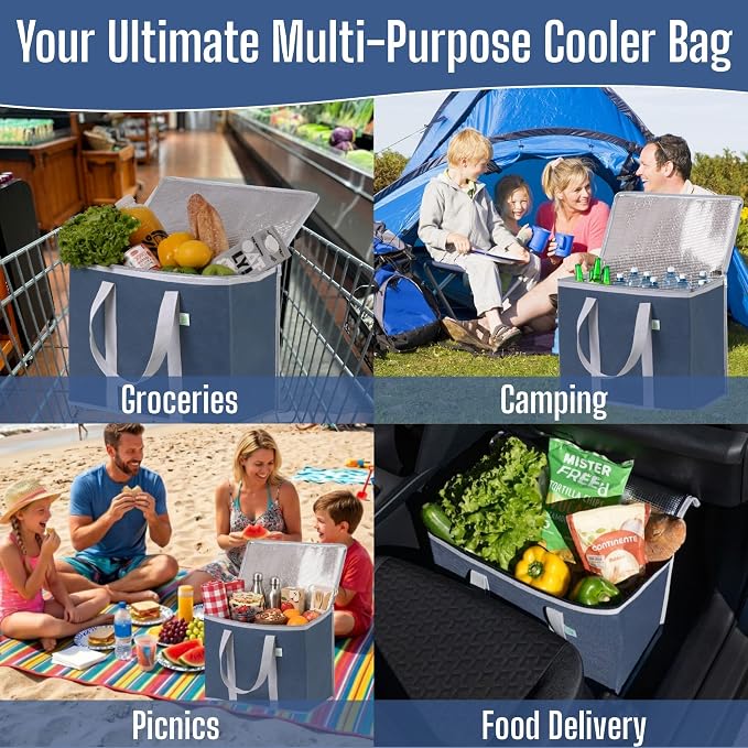 VENO 2 Pack Cooler Bag Insulated Grocery Bags for Food Delivery Heavy Duty | Large Collapsible Cooler, Reusable Shopping Tote w/ Zippers, Foldable, Stands Upright, for Picnic Camping (Dark Blue, 2 Pack) - Image 5