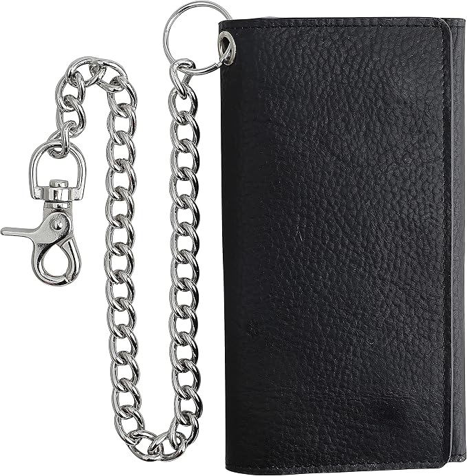 F&L CLASSIC RFID Blocking Mens Tri-fold Long Style Cowhide Leather Steel Chain Wallet,Black by FLCLASSIC