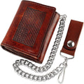 RFID Blocking Men's Tri-fold Vintage Biker Cowhide Leather Steel Chain Wallet,Snap closure, Made In USA,at315-162,flag,brown by FLCLASSIC