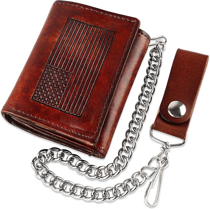 RFID Blocking Men's Tri-fold Vintage Biker Cowhide Leather Steel Chain Wallet,Snap closure, Made In USA,at315-162,flag,brown by FLCLASSIC