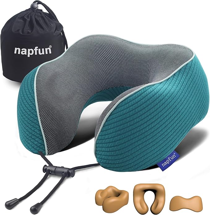 napfun Neck Pillow for Travel, Memory Foam Airplane Pillow, Teal | 360° Neck Support, Upgraded 100% Memory Foam for Airplane, Car, Train, Bus, Office Sleep, Travel Essentials for Long Flights by NAPFUN