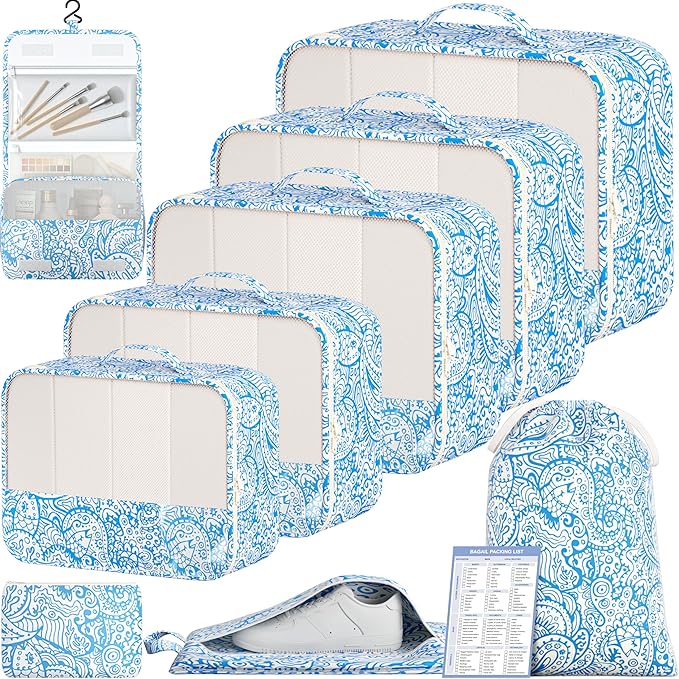 BAGAIL 9 Set Packing Cubes with Packing List Luggage Packing Organizers for Travel Accessories (Blue paisley) by BAGAIL