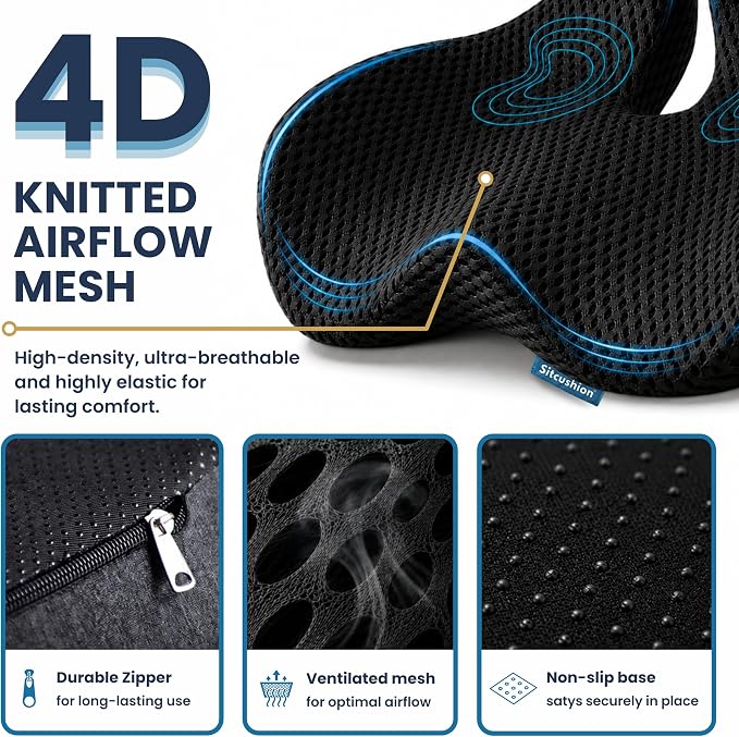 Car Seat Cushion for Driving, Coccyx Cushion for Car (Breathable 4D Cover) | Extra Large Seat Cushion for Car adds Premium Support, Sciatica Pain Relief Cushion With Breathable 4D Mesh Cover (Black) - Image 4