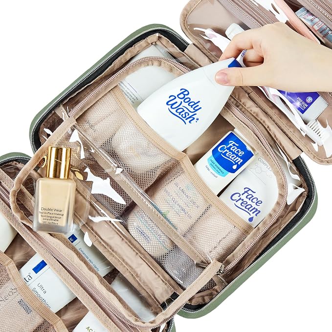 NISHEL Travel Toiletry Bag for women, Portable Hanging makeup Organizer | for Travel-Sized Shampoo, Conditioner, Brushes Set, makeup Accessories, Medium Size, Bronze Green - Image 5