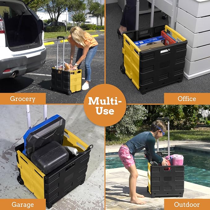Inspired Living Ultra-Slim Rolling Collapsible Storage Pack-N-Roll Utility-carts, with Telescopic Handle, for Home, Garden, Shopping, Office, School use, Medium, Yellow & Black - Image 5