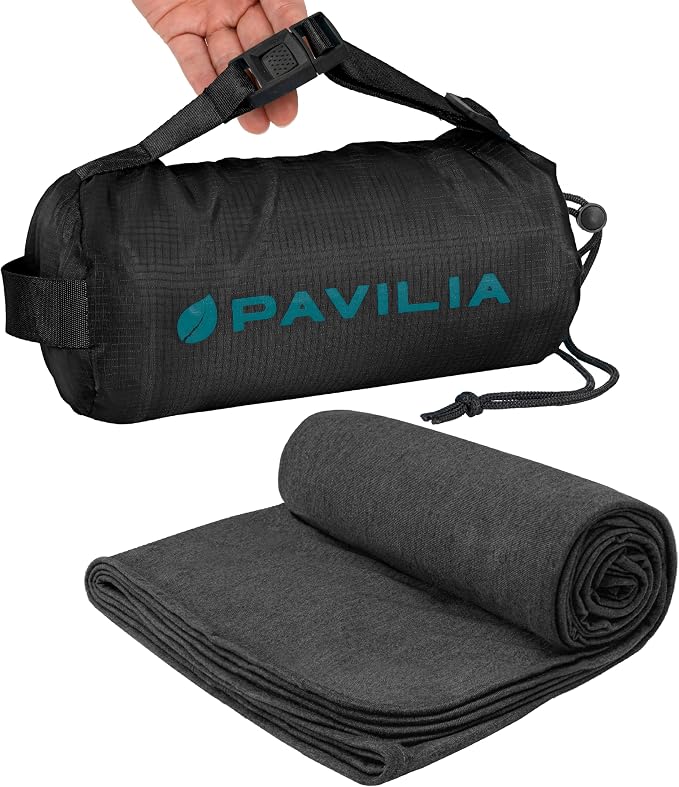 PAVILIA Travel Blanket Airplane Compact with Bag Lightweight, Black | Soft Fleece Plane Long Flights, Camping Road Trips, Packable Traveler Gift Essentials with Luggage Backpack Strap, 65x40 by PAVILIA