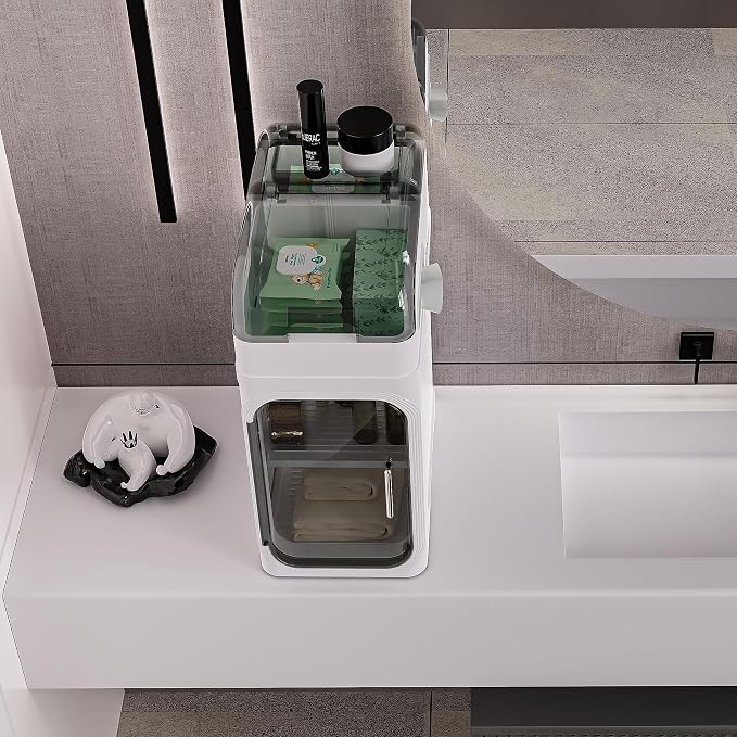 BINSIO 2-Tier Bathroom Counter Storage Cabinet, Slim Vanity Organizer with Clear Doors, Small Bathroom Storage Cabinet with Built-in Tissue Storage for Toiletries, Wipes and Bathroom Essentials - Image 4