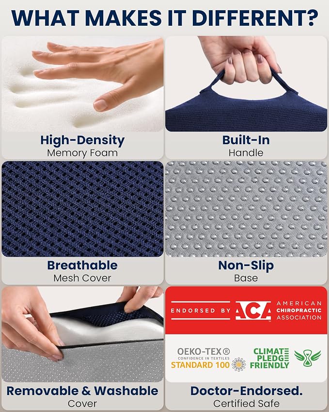5 STARS UNITED Seat Cushion - Memory Foam Chair Cushion for Tailbone Pain Relief - Ergonomic Support for Coccyx, Sciatica & Butt - Office, Desk & Gaming Chair, Car Seat, Wheelchair, Airplane, Blue - Image 4