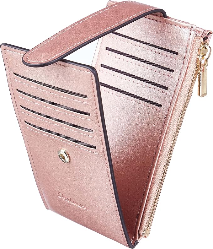 Chelmon Women's RFID Slim Card Holder Wallet | Thin Bifold Multi Card Case with Zipper Coin Pocket Purse for Women(Rose Gold CLassic) by Chelmon